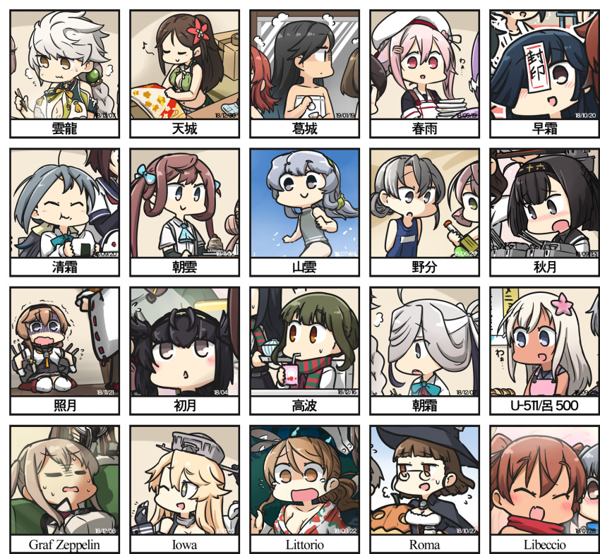 6+girls ahoge alternate_costume black_hat braid braided_ponytail breasts brown_hair character_request chou-10cm-hou-chan chou-10cm-hou-chan_(akizuki&#039;s) chou-10cm-hou-chan_(teruzuki&#039;s) cleavage cleavage_cutout clothes_writing clothing_cutout dated drinking flower green_hair grey_hair hair_bun hair_flaps hair_flower hair_ornament hair_over_one_eye hair_rings hairband hamu_koutarou hat highres jack-o&#039;-lantern kantai_collection multiple_girls open_mouth outline ponytail red_hair rice roma_(halloween)_(kancolle) roma_(kancolle) scarf school_uniform serafuku shaded_face short_hair shoulder_cutout sideways_mouth single_braid single_hair_bun sitting star-shaped_pupils star_(symbol) striped_clothes striped_scarf symbol-shaped_pupils thighhighs translation_request triangle_mouth v-shaped_eyebrows wavy_mouth white_legwear white_outline