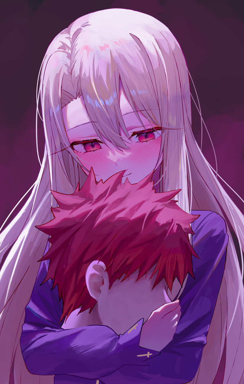 1boy 1girl absurdres emiya_shirou fate/stay_night fate_(series) grey_hair highres holding_detached_head illyasviel_von_einzbern jacket kaze_22 long_hair purple_jacket red_eyes severed_head smile upper_body