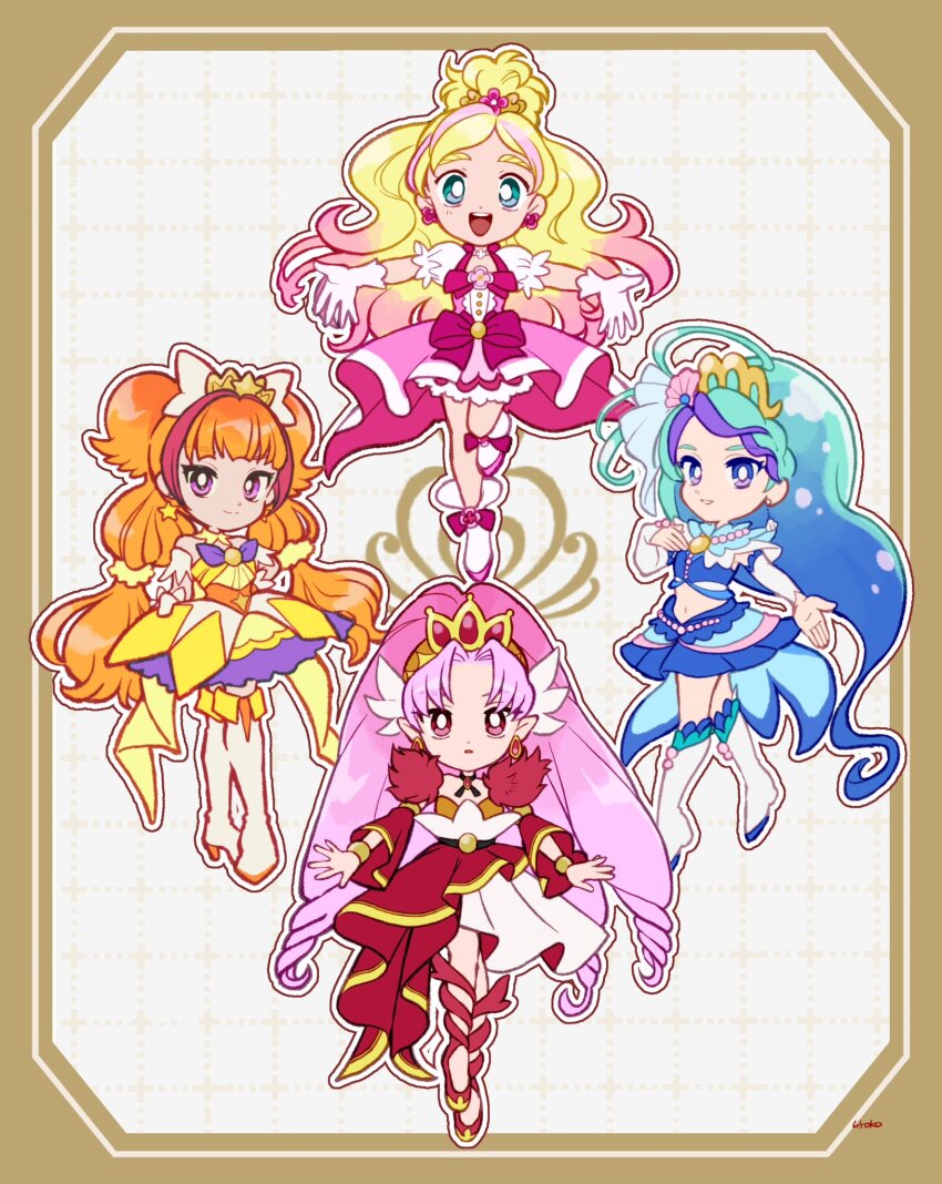 4girls absurdly_long_hair akagi_towa amanogawa_kirara animal aqua_eyes aqua_hair bare_legs bare_shoulders black_ribbon blonde_hair blue_collar blue_eyes blue_hair blue_ribbon blue_shirt blue_skirt blue_socks blunt_bangs boots border bow bowtie bracelet braid bridal_gauntlets bright_pupils brooch brown_border buttons center_frills choker closed_mouth coattails collar commentary corset crop_top cure_flora cure_mermaid cure_scarlet cure_twinkle deformed detached_collar detached_sleeves dot_nose dress drill_hair earrings expressionless eyelashes floating flower flower_brooch flower_choker flower_earrings footwear_bow footwear_flower forehead frilled_dress frilled_sleeves frills full_body fur_sleeves gloves go!_princess_precure gold_bracelet gold_tiara gradient_hair grid_background hair_bow hair_bun hair_flower hair_ornament hair_ribbon hair_scrunchie half_updo hand_on_own_chest happy haruno_haruka hat_ornament high_heel_boots high_heels highres jewelry kaidou_minami knee_boots kneehighs layered_dress leg_ribbon leg_up light_blush long_dress long_hair long_sleeves looking_at_viewer low_twintails magical_girl medium_dress midriff miniskirt multicolored_hair multiple_girls navel neck_ribbon necklace open_mouth orange_corset orange_hair outline outside_border outstretched_arms outstretched_hand parted_bangs parted_lips pearl_necklace picture_frame pink_bow pink_bowtie pink_dress pink_eyes pink_flower pink_hair pleated_dress pleated_skirt pleated_sleeves pointy_ears precure puffy_short_sleeves puffy_sleeves purple_bow purple_bowtie purple_eyes purple_hair red_brooch red_dress red_ribbon red_shoes red_sleeves ribbon scrunchie shell shell_earrings shell_hair_ornament shirt shoes short_dress short_sleeves signature single_braid single_hair_bun skirt skirt_hold smile socks standing star_(symbol) star_earrings star_hat_ornament straight-on strapless strapless_dress streaked_hair tareme teeth thick_eyebrows thigh_boots tiara train_(clothing) twintails two-tone_hair two_side_up upper_teeth_only uwded_207 very_long_hair waist_bow wavy_hair white_background white_boots white_bow white_bridal_gauntlets white_dress white_flower white_gloves white_outline white_pupils white_sleeves wing_hair_ornament yellow_collar yellow_dress yellow_scrunchie
