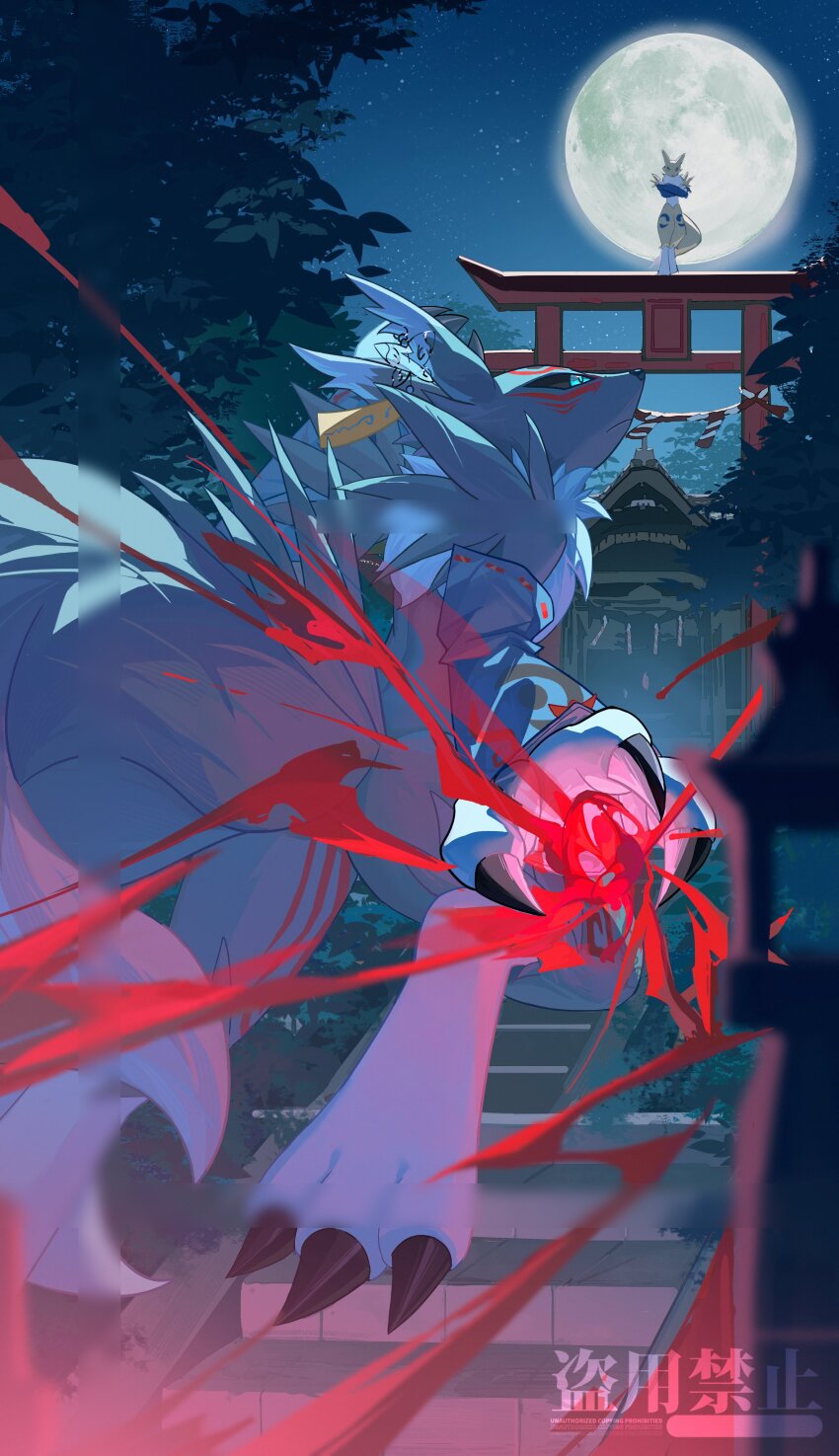 absurdres black_sclera blue_eyes claws colored_sclera digimon digimon_(creature) energy full_moon highres jumping looking_at_another moon moonlight night night_sky renamon renamon_x-antibody rope shide shimenawa shrine sky stairs tail torii tree watermark white_fur wwukuai yellow_fur