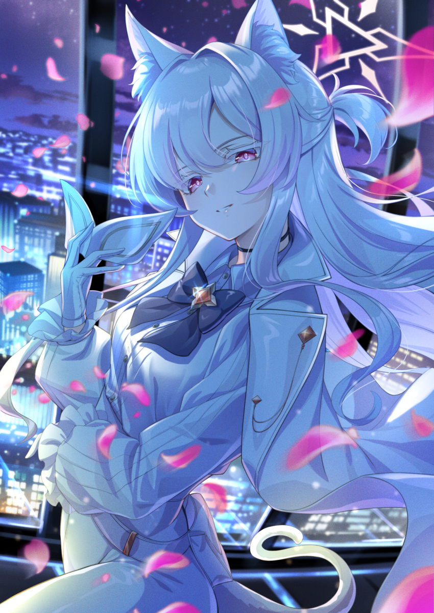 1girl akira_(blue_archive) animal_ear_fluff animal_ears blue_archive bow bowtie cat_ears cat_tail choker colored_eyelashes gloves halo highres long_hair long_sleeves looking_at_viewer pants red_eyes rice_rabbit22 shirt smile solo tail white_eyelashes white_gloves white_hair white_pants white_shirt