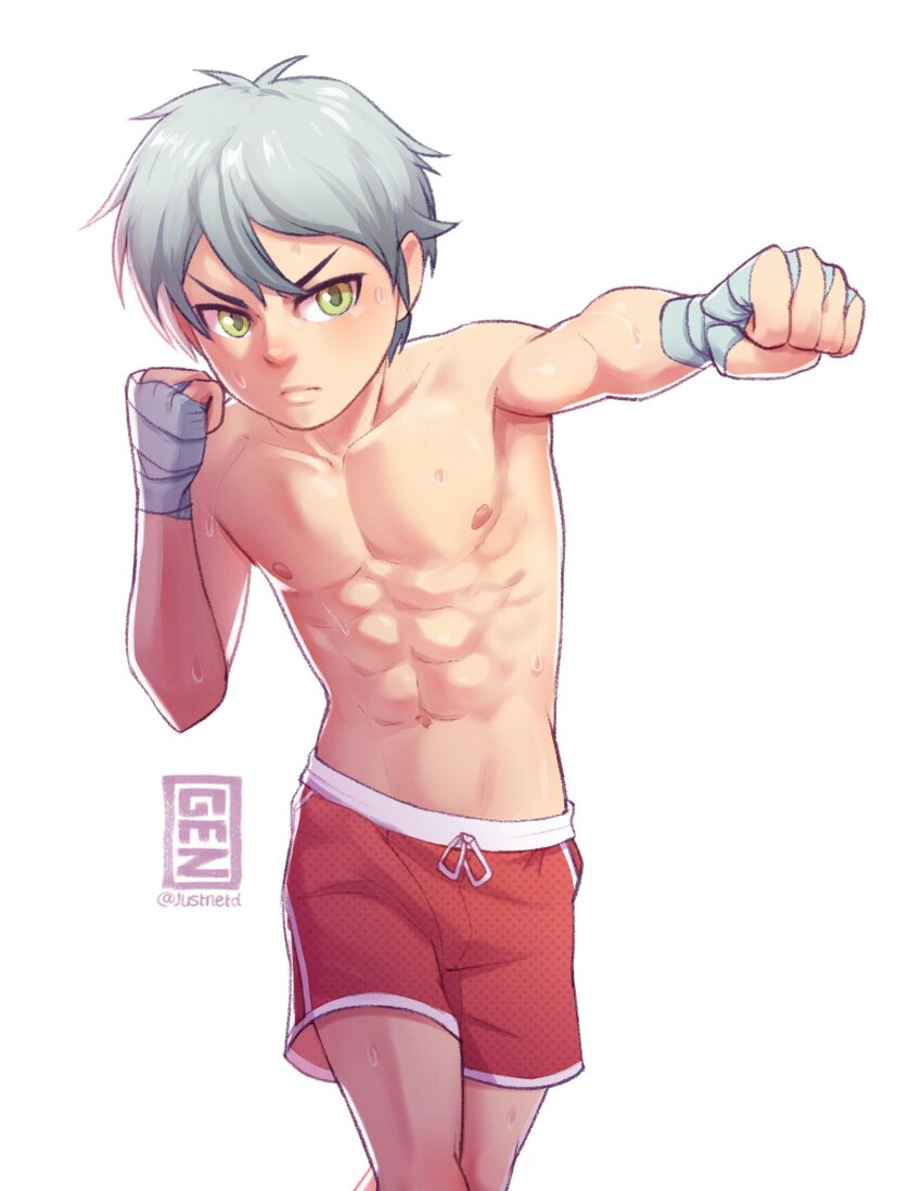 1boy absurdres artist_name bandaged_arm bandages bishounen boxer boxing_shorts commentary commission cowboy_shot english_commentary green_eyes highres incoming_attack incoming_punch justnetd male_focus original punching shorts simple_background solo sweat toned toned_male topless_male white_hair