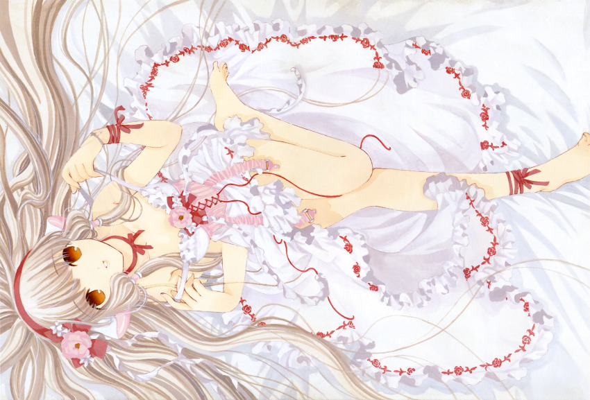 1girl absurdres android ankle_ribbon barefoot blonde_hair breasts brown_eyes chii chii_(cosplay) chobits clamp_(circle) corset cosplay cross-laced_clothes cross-laced_corset dress feet fixed frilled_dress frills from_above garter_straps hair_spread_out hair_tubes highres leg_ribbon lolita_fashion long_hair looking_at_viewer low-tied_sidelocks no_pupils official_art ribbon robot_ears sidelocks small_breasts traditional_media very_long_hair white_dress white_theme