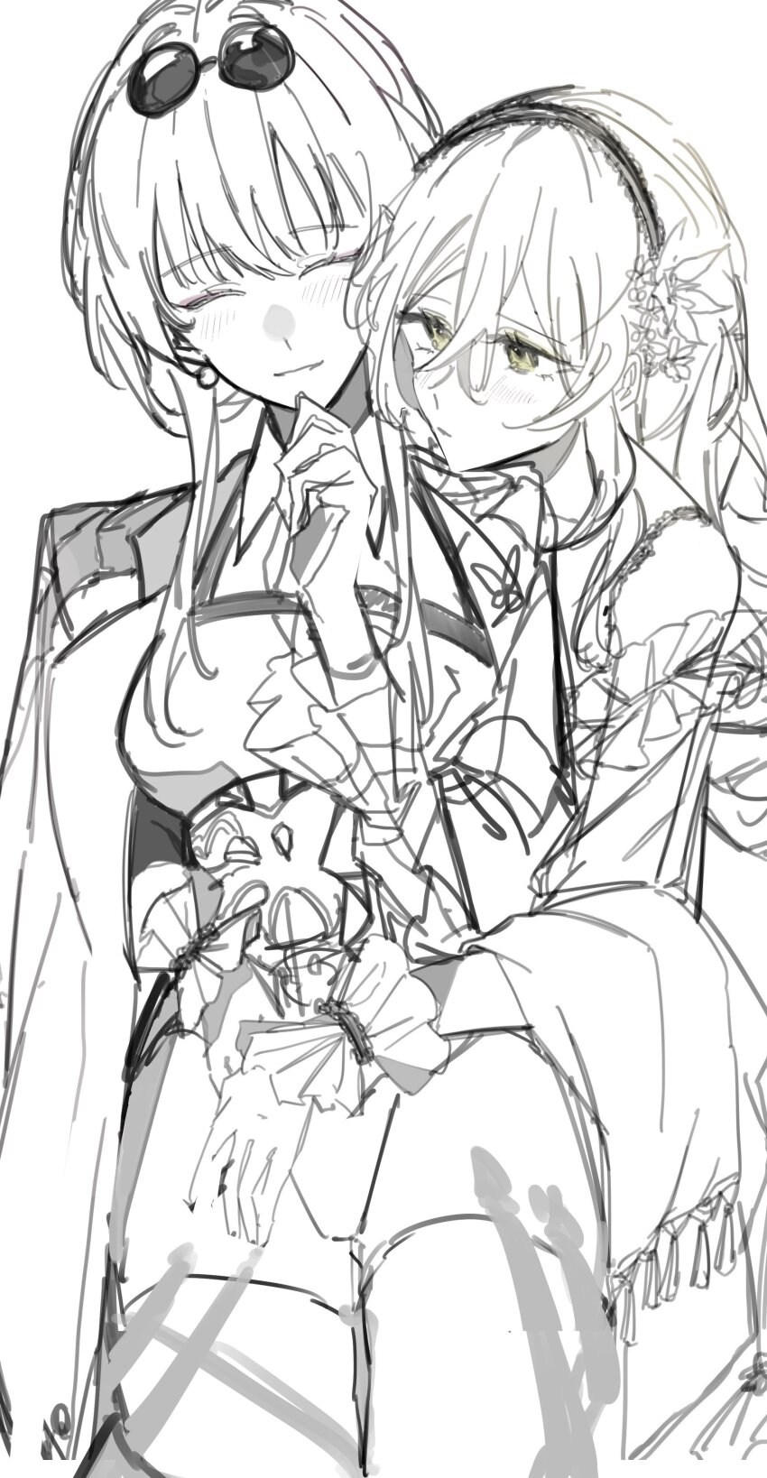 absurdres chest_harness closed_eyes commentary dress eyewear_on_head flower glasses greyscale hair_between_eyes hair_flower hair_ornament hairband hand_on_own_chin harness hashtag-only_commentary head_on_another&#039;s_shoulder highres honkai:_star_rail honkai_(series) hug hug_from_behind kafka_(honkai:_star_rail) monochrome pince-nez round_eyewear shirt shorts sketch smile stelle_(honkai:_star_rail) sunglasses trailblazer_(honkai:_star_rail) tugu_pi yuri