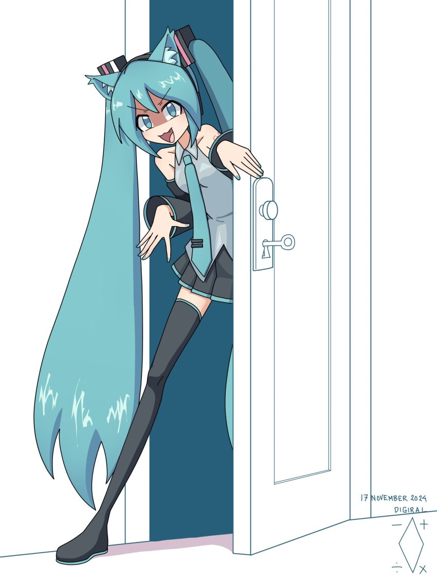 1girl :3 :d animal_ear_fluff animal_ears aqua_eyes aqua_hair aqua_nails aqua_necktie artist_logo artist_name bare_shoulders black_boots black_skirt black_sleeves boots cat_ears collared_shirt commentary dated detached_sleeves digiral doorway english_commentary evil_smile grey_shirt hair_ornament hands_up hatsune_miku headphones highres kemonomimi_mode key logo long_hair long_legs long_sleeves looking_at_viewer miniskirt nail_polish necktie open_door open_mouth pleated_skirt shaded_face shirt skirt sleeveless sleeveless_shirt smile solo standing thigh_boots thighhighs tom_and_jerry twintails v-shaped_eyebrows very_long_hair vocaloid white_background zettai_ryouiki