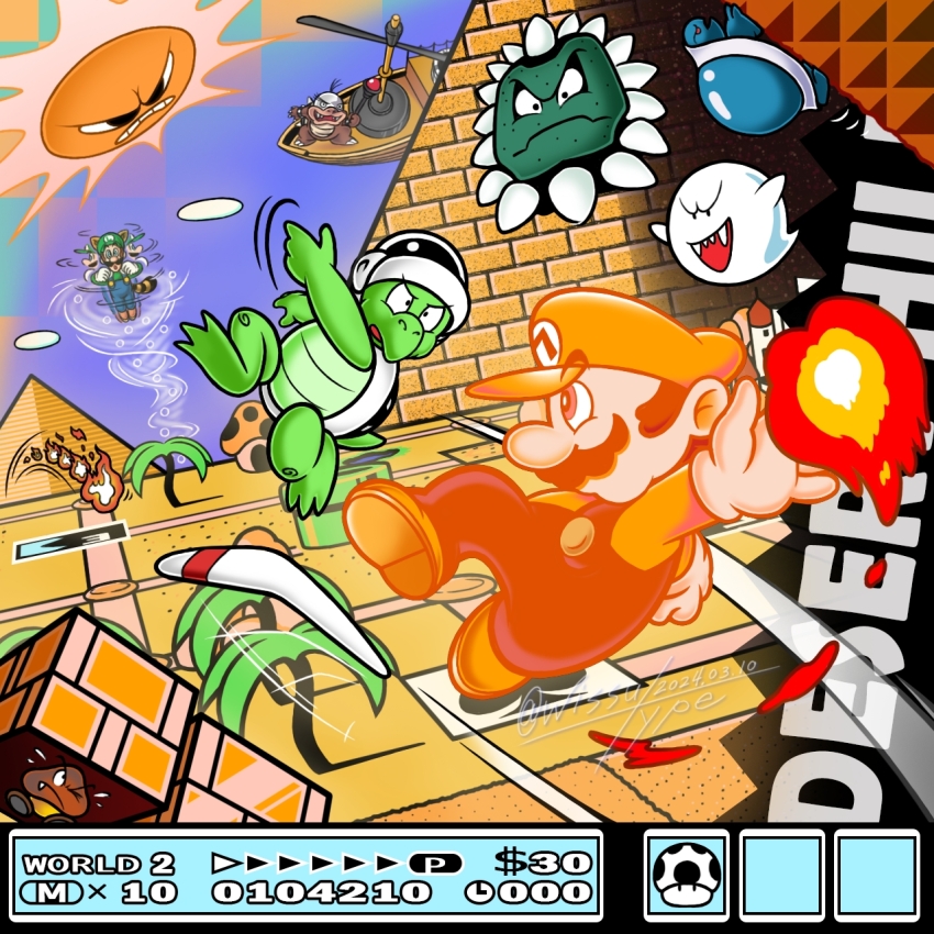 aircraft airship angry angry_sun blue_sky boo_(mario) boomerang boomerang_bro brick buzzy_beetle closed_mouth commentary_request dated day desert facial_hair fire fire_mario fire_snake_(mario) fireball flying_sweatdrops ghost gloves green_hat green_shirt hat highres holding holding_wand in-universe_location luigi mario mario_(series) morton_koopa_jr. motion_lines mustache nintendo official_style one_eye_closed open_mouth overalls pile_driver_micro-goomba pyramid_(structure) raccoon_luigi sharp_teeth shirt shoes sky spinning sun super_mario_bros._3 teeth thwomp tree twitter_username wand warp_pipe white_gloves wissu_type