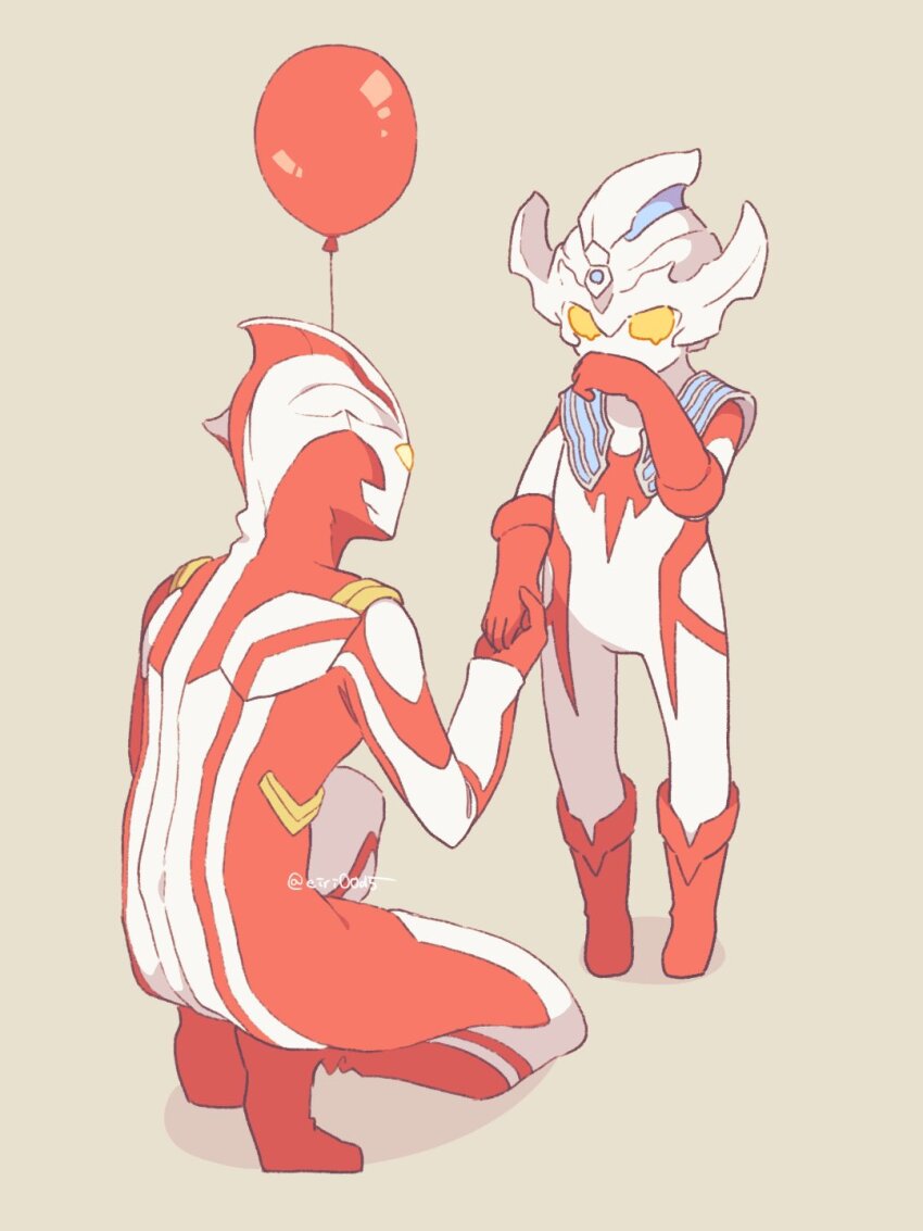 2boys aged_down alien armor balloon boots brown_background child colored_skin commentary_request covering_own_mouth crying ebony_nightmare forehead_jewel gloves hand_grab hand_over_own_mouth highres horns kneeling male_focus multicolored_skin multiple_boys no_pupils red_footwear red_gloves red_skin shadow simple_background tokusatsu twitter_username ultra_series ultraman_mebius ultraman_mebius_(series) ultraman_taiga ultraman_taiga_(series) white_skin