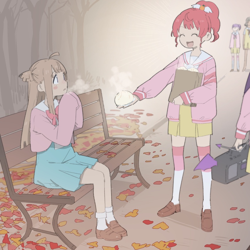 5girls :d ^_^ ahoge autumn autumn_leaves bag steamed_bun breath brown_footwear brown_hair closed_eyes commentary_request dress food food-themed_hair_ornament full_body giving_food hair_ornament hands_up high_ponytail highres holding holding_bag holding_radio jacket kemura_(puripurinea) kurosu_aroma leaf loafers long_hair long_sleeves looking_at_another manaka_non manaka_non_(normal) multiple_girls on_bench open_mouth orange_hair_ornament outdoors paper_bag paprika_private_academy_school_uniform pink_jacket ponytail pretty_series pripara red_hair sailor_collar school_uniform shiratama_mikan shoes short_dress sleeves_past_fingers sleeves_past_wrists smile socks standing steam taiyo_pepper thighhighs tsukikawa_chili tsukikawa_chili_(normal) white_sailor_collar white_socks wing_hair_ornament yellow_dress
