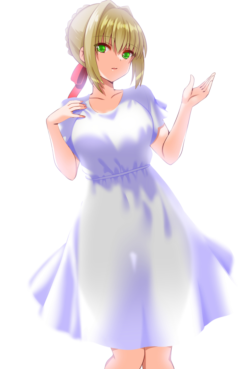 1girl ahoge blonde_hair blush braid breasts collarbone dress engo_(aquawatery) fate/extra fate_(series) green_eyes hair_bun hair_intakes hair_ribbon highres large_breasts long_hair looking_at_viewer nero_claudius_(fate) parted_lips red_ribbon ribbon short_sleeves solo white_dress