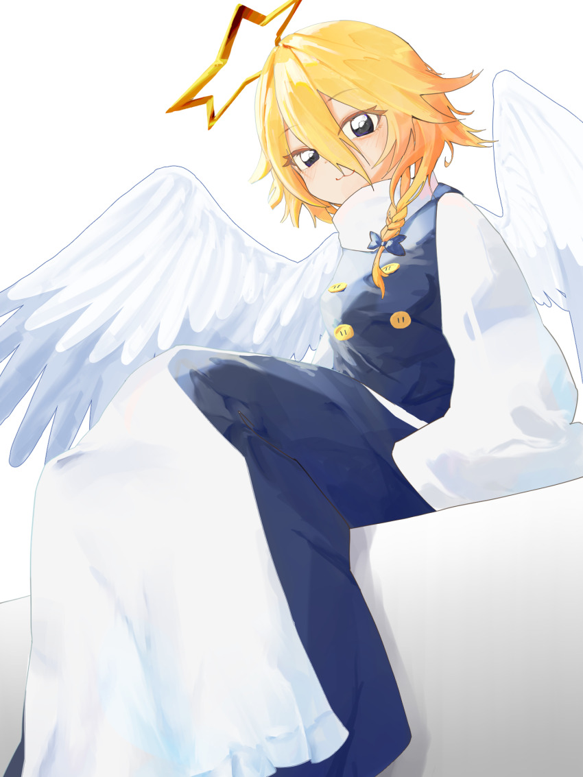 1girl :3 angel apron black_eyes black_skirt black_vest blonde_hair blue_bow blush bow braid buttons closed_mouth commentary_request cookie_(touhou) feathered_wings full_body hair_between_eyes hair_bow halo hat hat_bow highres kirisame_marisa long_bangs looking_at_viewer shirt short_hair side_braid simple_background single_braid sitting skirt skirt_set sleeves_past_fingers sleeves_past_wrists smile star_halo touhou turtleneck turtleneck_shirt vest waist_apron white_apron white_background white_shirt white_wings whiterolo wings yuuhi_(cookie)