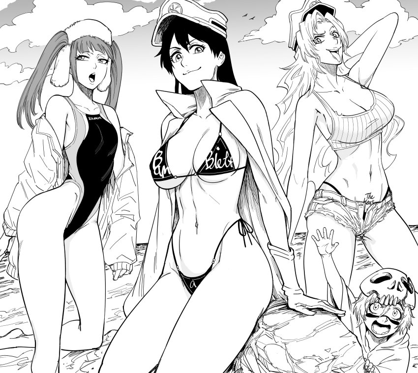 4girls absurdres arrancar bambietta_basterbine bb_(baalbuddy) bikini bleach bleach:_sennen_kessen-hen breasts candice_catnipp child cleavage cloud commentary competition_swimsuit curvy day denim denim_shorts dokugamine_riruka english_commentary feet_out_of_frame female_focus hat highleg highleg_bikini highleg_one-piece_swimsuit highres jacket jacket_on_shoulders large_breasts long_hair medium_breasts mismatched_bikini monochrome multiple_girls navel nelliel_tu_odelschwanck one-piece_swimsuit outdoors parody peaked_cap pubic_tattoo rock salute shorts side-tie_bikini_bottom sitting skull-shaped_hat sky stomach style_parody swimsuit tattoo thong thong_bikini tongue tongue_out twintails unbuttoned underboob wide_hips