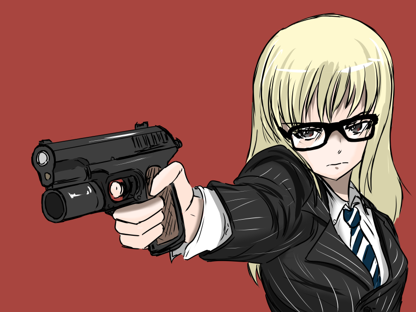 1girl 2024_summer_olympics absurdres aiming alternate_costume black-framed_eyewear blonde_hair blue_eyes commentary_request earl_grey_(girls_und_panzer) formal_clothes frown girls_und_panzer glasses gun handgun highres holding holding_gun holding_weapon kingsman:_the_secret_service long_hair moesenyukikaze necktie olympics red_background suit tokarev_tt-33 weapon yusuf_dikec