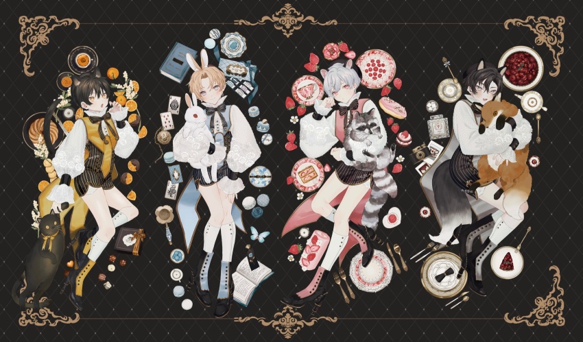 4boys :o animal animal_ear_fluff animal_ears animal_hug ankle_boots arm_at_side artist_name beret black_background black_bow black_bowtie black_cat black_footwear black_hair black_headwear black_shorts black_theme blonde_hair blouse blue_eyes blue_flower blue_footwear blue_ribbon blue_rose blue_theme book bookmark boots border bottle bow bowtie box box_of_chocolates bug butterfly cake camera candy card cat cat_boy cat_ears cat_tail center_frills child chocolate chocolate-covered_food chocolate_heart closed_mouth collared_shirt cookie cup cupcake embroidery floral_print flower food food_request fork fox_boy fox_ears fox_tail frills from_above fruit full_body gift gift_box gold_trim grey_eyes grey_footwear grey_hair hand_up happy_valentine hat head_tilt heart high_heel_boots high_heels highres holding holding_animal insect kneehighs knife lace lace-trimmed_shirt lace_trim long_sleeves looking_at_viewer lying macaron male_focus matching_outfits mege_(megechan) multiple_boys on_back on_side open_book orange_(fruit) orange_slice orangette original parted_bangs pastry photo_(object) pink_boots pink_theme plate playing_card pocket_watch puffy_long_sleeves puffy_sleeves rabbit rabbit_boy rabbit_ears rabbit_tail raccoon raccoon_boy raccoon_ears raccoon_tail red_eyes red_theme ribbon rose saucer shirt short_hair short_jumpsuit shorts sleeves_past_wrists smile socks spoon strawberry strawberry_shortcake sugar_bowl sugar_cube sweets swiss_roll tail tailcoat tart_(food) tea tea_set teacup teapot watch white_legwear white_shirt wrist_cuffs yellow_eyes yellow_ribbon