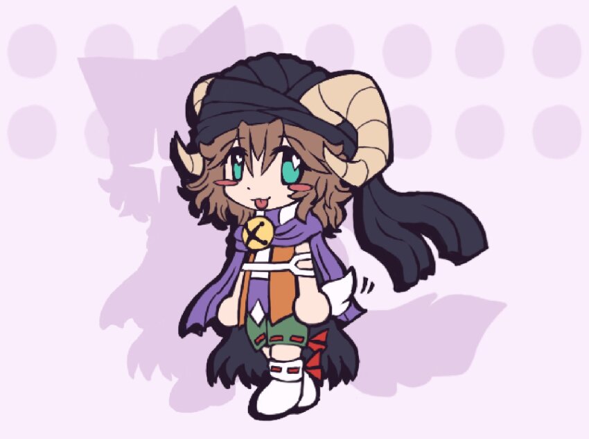 1other androgynous aqua_eyes bell black_turban blush_stickers brown_hair chibi chibi_only cine_hamal green_shorts gzpxllztt hashtag-only_commentary heart heart_in_eye horns kemonomimi_mode kuzu_suzumi len&#039;en medium_hair neck_bell open_clothes open_vest orange_vest other_focus purple_background ribbon-trimmed_shorts ribbon-trimmed_socks ribbon_trim sheep_horns sheep_tail shirt shorts smile socks solo symbol_in_eye tail tongue tongue_out turban vest white_shirt white_socks