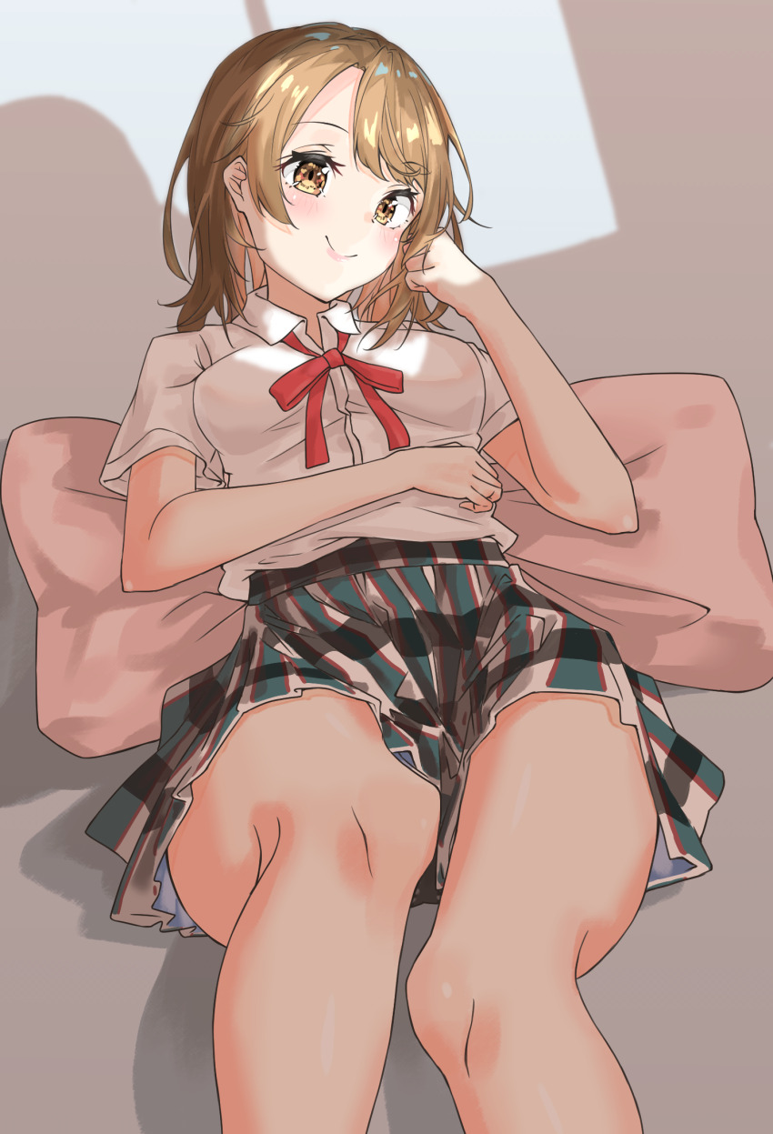1girl blush breasts brown_eyes brown_hair closed_mouth collared_shirt commentary_request feet_out_of_frame hand_up highres isshiki_iroha kiaoekakishitai lying medium_hair miniskirt neck_ribbon on_back pillow plaid_clothes plaid_skirt pleated_skirt red_ribbon ribbon school_uniform shirt short_sleeves skirt small_breasts smile sobu_high_school_uniform solo summer_uniform thighs white_shirt yahari_ore_no_seishun_lovecome_wa_machigatteiru.