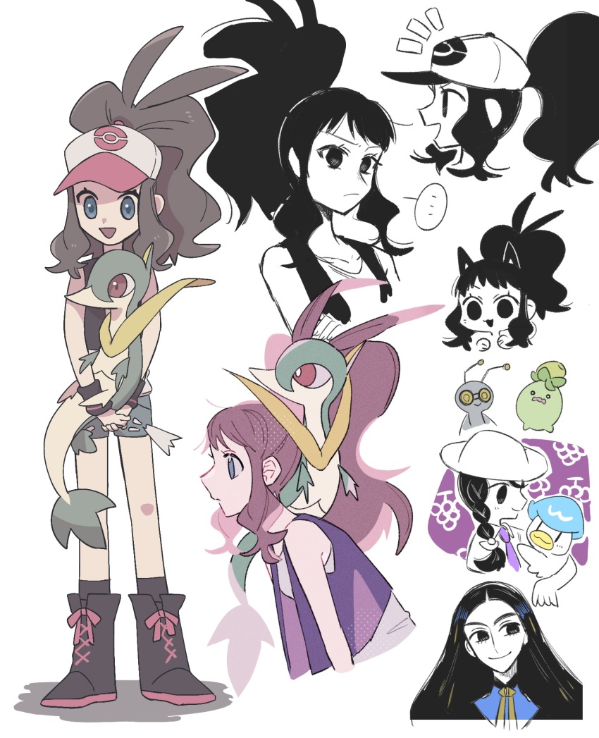 ... 3girls :d animal_ears black_vest boots brown_hair cat_ears commentary_request exposed_pocket geeta_(pokemon) gen_5_pokemon gimmighoul gimmighoul_(roaming) hat highres hilda_(pokemon) hime_(himetya105) holding holding_pokemon juliana_(pokemon) long_hair multiple_girls multiple_views nintendo notice_lines open_mouth poke_ball_print pokemon pokemon_(creature) pokemon_bw pokemon_sv quaxly servine shorts sidelocks smile smoliv socks spoken_ellipsis standing vest white_hat