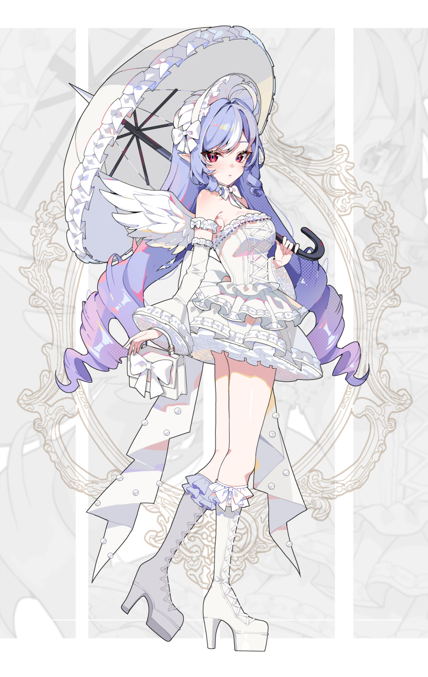 1girl absurdres alternate_costume angel angel_wings boots closed_mouth detached_sleeves dress drill_hair frilled_dress frills high_heel_boots high_heels highres holding holding_unworn_clothes looking_at_viewer pointy_ears purple_hair red_eyes solo twin_drills vivian_banshee white_boots white_dress white_sleeves wings yotte zenless_zone_zero