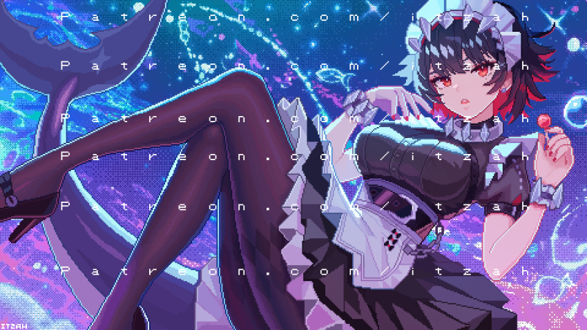 1girl absurdres black_hair black_pantyhose breasts brown_pantyhose candy colored_inner_hair ellen_joe food highres itzah lollipop looking_at_viewer maid maid_headdress medium_breasts multicolored_hair nail_polish necktie pantyhose parted_lips pixel_art red_eyes red_hair red_necktie short_hair solo zenless_zone_zero