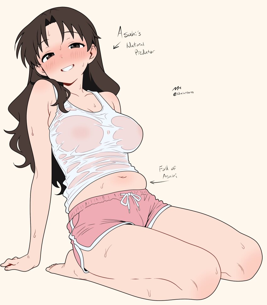1girl absurdres asahi_breweries azumanga_daiou belly blush breasts brown_hair dolphin_shorts drunk full_of_x_(meme) highres looking_at_viewer machinehead meme shirt short_shorts shorts smile sweat tagme tanizaki_yukari tank_top wet wet_clothes wet_shirt white_background