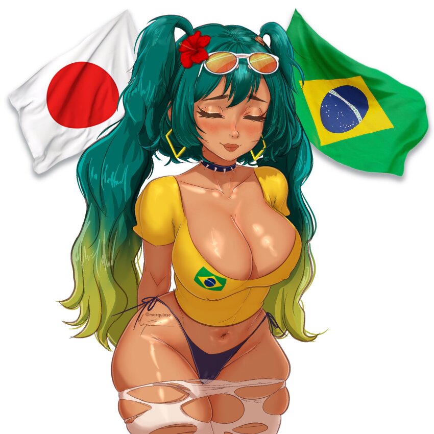 1girl bikini bikini_bottom_only black_bikini black_choker blonde_hair blue_hair brazilian_flag brazilian_miku breasts choker cleavage closed_eyes collarbone commentary cropped_shirt english_commentary eyewear_on_head groin hatsune_miku highres japanese_flag large_breasts marquixse midriff navel pantyhose shirt smile solo spiked_choker spikes sunglasses swimsuit torn_clothes torn_pantyhose twintails vocaloid white_background white_pantyhose wide_hips yellow_shirt