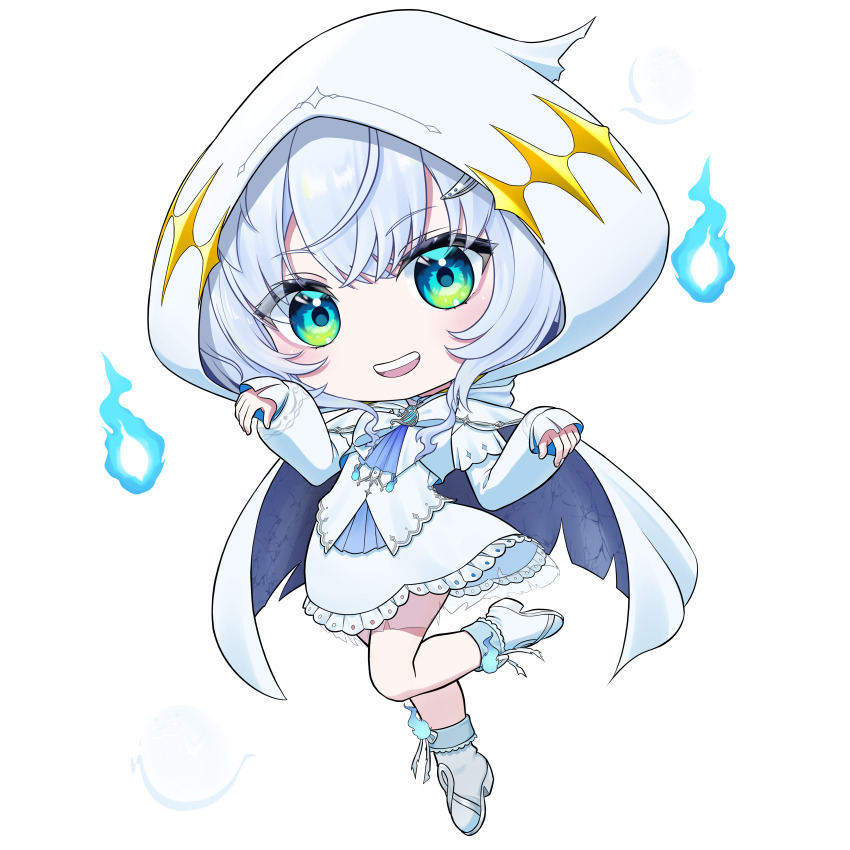1girl :d absurdres ascot blue_ascot blue_eyes blue_fire blush boots briareos cape chibi chibi_only commentary_request dress fire frilled_dress frills full_body ghost highres hitodama hood hood_up hooded_cape kasukane_shino large_variant_set looking_at_viewer nanashi_inc. open_mouth short_hair smile solo standing standing_on_one_leg transparent_background variant_set virtual_youtuber white_boots white_cape white_dress white_hair