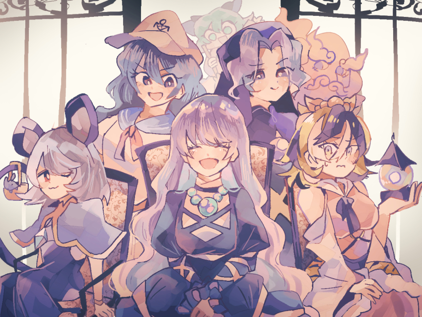 1boy 6+girls animal_ears animal_print bishamonten&#039;s_pagoda black_dress black_eyes black_hair blue_hair brooch closed_eyes cloud collared_shirt dress gate green_hair grey_hair hair_ornament hat hijiri_byakuren hood jewelry kasodani_kyouko kumoi_ichirin layered_dress long_hair mouse_(animal) mouse_ears mouse_girl mouse_tail multicolored_hair multiple_girls murasa_minamitsu nazrin neckerchief pendant ratto_(mobilis_1870) red_dress red_eyes red_neckerchief sailor_hat shirt short_hair streaked_hair tail tiger_print toramaru_shou touhou undefined_fantastic_object very_long_hair white_hat white_shirt