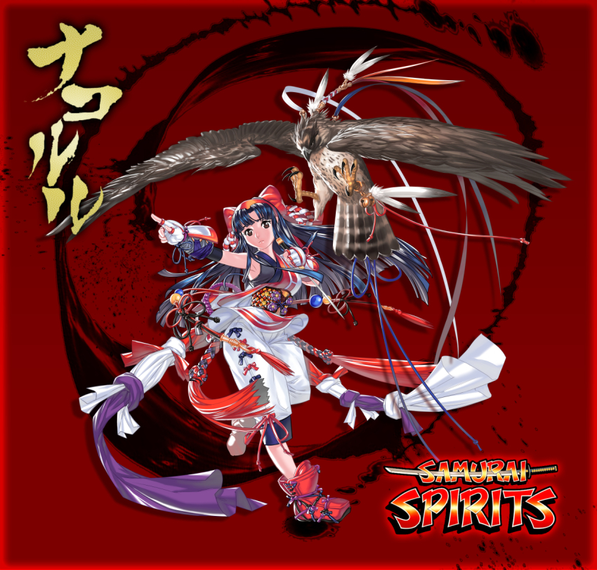1girl bird black_hair blue_hair bow brown_eyes clean_x falcon female_focus fingerless_gloves gloves gradient_background hair_bow hairband highres japanese_clothes jewelry katana long_hair looking_at_viewer mamahaha nakoruru open_mouth pet pointing ribbon samurai_spirits snk solo sword weapon