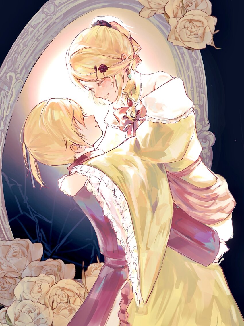 1boy 1girl aku_no_meshitsukai_(vocaloid) aku_no_musume_(vocaloid) allen_avadonia anniversary arms_around_neck baggy_clothes black_flower black_ribbon black_rose bow broken_mirror brooch brother_and_sister choker closed_eyes coat collared_coat collared_jacket colored_eyelashes dress dress_bow dress_flower earrings evillious_nendaiki face-to-face flower four_mirrors_of_lucifenia frilled_sleeves frills gem hair_bow hair_ornament hair_ribbon hairclip hands_on_another&#039;s_back hands_on_another&#039;s_shoulders happy high_ponytail highres hug jacket jewelry kagamine_len kagamine_rin lifting_person mirror morikoete off-shoulder_dress off_shoulder orange_bow orange_coat orange_jacket ponytail red_gemstone ribbon riliane_lucifen_d&#039;autriche rose short_ponytail siblings sidelocks smile swept_bangs twins updo vessel_of_sin vocaloid wide_sleeves yellow_choker yellow_dress yellow_flower yellow_rose