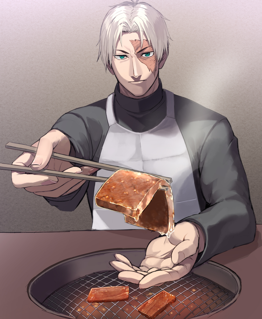 1boy apron burn_scar chopsticks commission cooking food giving_food green_eyes grey_shirt grill grilling hair_intakes highres hinomoto_madoka holding holding_chopsticks incoming_food male_focus meat original scar scar_on_face shirt skeb_commission tongs white_apron white_hair yakiniku