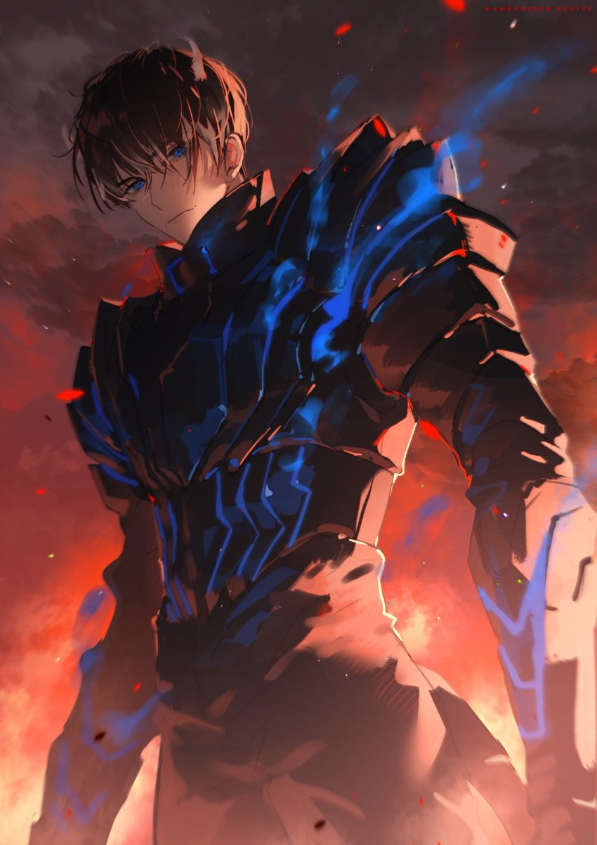 1boy armor aura black_armor black_tail blue_eyes brown_hair cloud copyright_name demon_boy demon_horns demon_tail doran_(doran7280) expressionless eyebrows fusion glowing glowing_armor highres horns igarashi_ikki kamen_rider kamen_rider_revice looking_down male_focus possessed red_sky sky spoilers tail vice_(kamen_rider_revice) white_horns