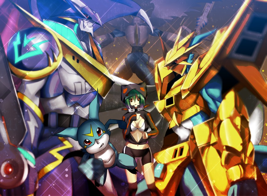 1girl armor bandai blue_armor breasts digimon digimon_world_re:digitize dragon dragon_wings dual_persona full_armor gold green_hair highres horns imperialdramon imperialdramon_paladin_mode looking_at_viewer magnamon magnamon_x-antibody monster multiple_boys muscular royal_knights shinomiya_rina tail ulforcev-dramon ulforcev-dramon_x-antibody v-mon wings