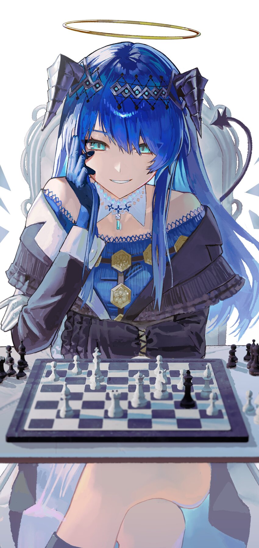 1girl absurdres arknights black_jacket blue_dress blue_eyes blue_gloves blue_hair chess_piece chessboard demon_horns demon_tail dress gloves halo highres horns jacket long_hair looking_at_viewer mostima_(arknights) mostima_(ethereal_harmony)_(arknights) off_shoulder sanzuitaroh sitting solo tail white_background