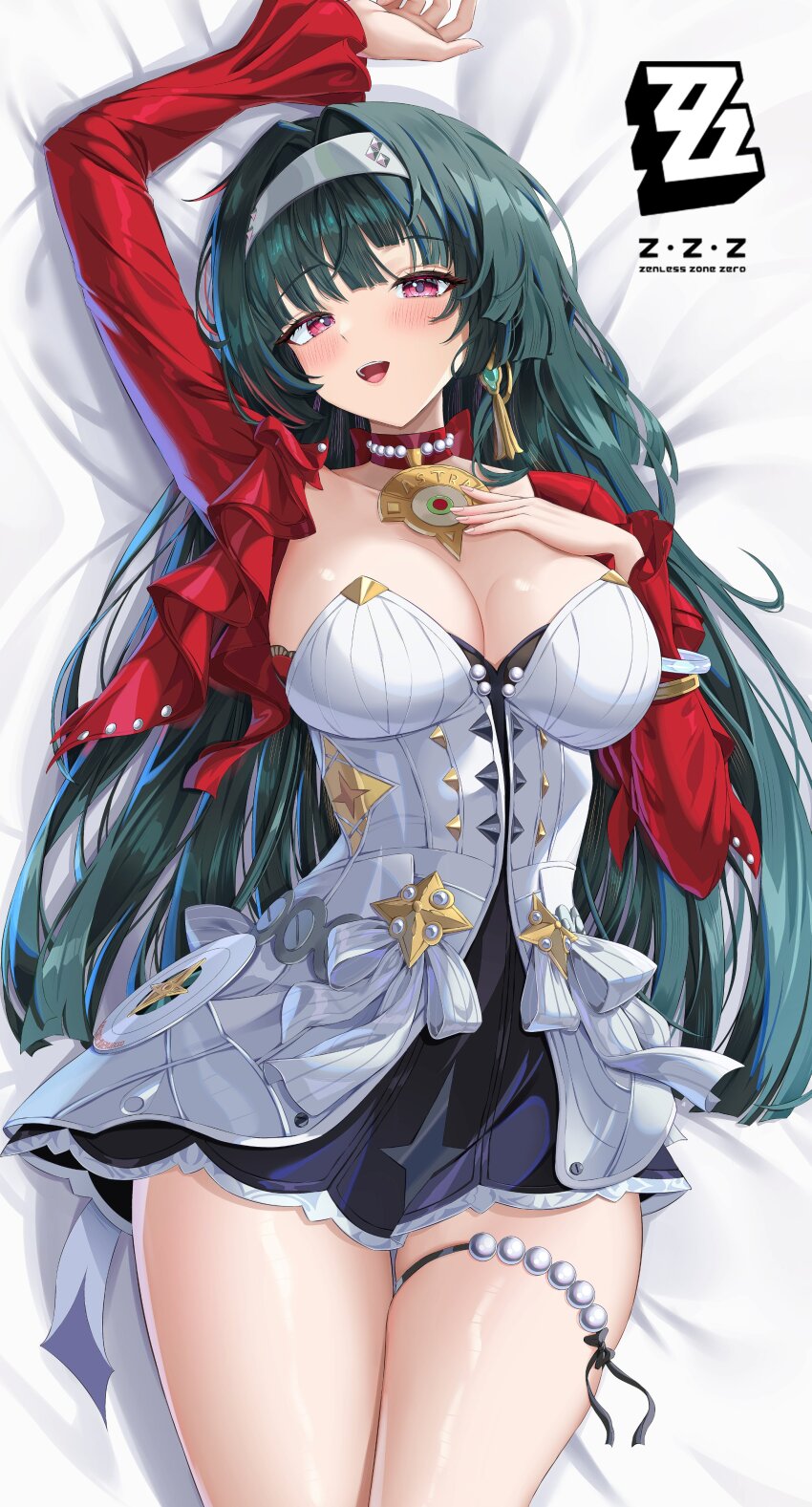 1girl absurdres astra_yao black_hair breasts cleavage commentary_request copyright_logo dakimakura_(medium) dokimaru dress earrings hairband highres jacket jewelry large_breasts long_hair looking_at_viewer lying necklace on_back on_bed open_mouth pearl_necklace purple_eyes red_jacket solo thigh_strap thighs very_long_hair white_dress white_hairband zenless_zone_zero