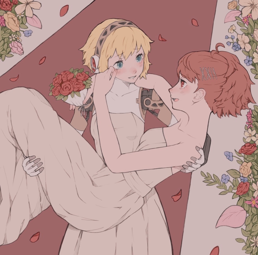 2girls absurdres aigis_(persona) android aqua_eyes arm_around_neck bare_shoulders blonde_hair blush bouquet bride carrying carrying_person commentary dress falling_petals female_focus flower gold_hairband hair_ornament hairband hairclip hand_on_another&#039;s_face highres holding holding_bouquet joints long_dress looking_at_another mechanical_arms multiple_girls open_mouth persona persona_3 persona_3_portable petals ponytail princess_carry red_carpet red_flower red_hair red_petals red_rose robot_ears robot_joints rose shiomi_kotone short_hair smile strapless strapless_dress symbol-only_commentary tbjj1208 tears wedding wedding_dress white_dress wife_and_wife wiping_tears yuri