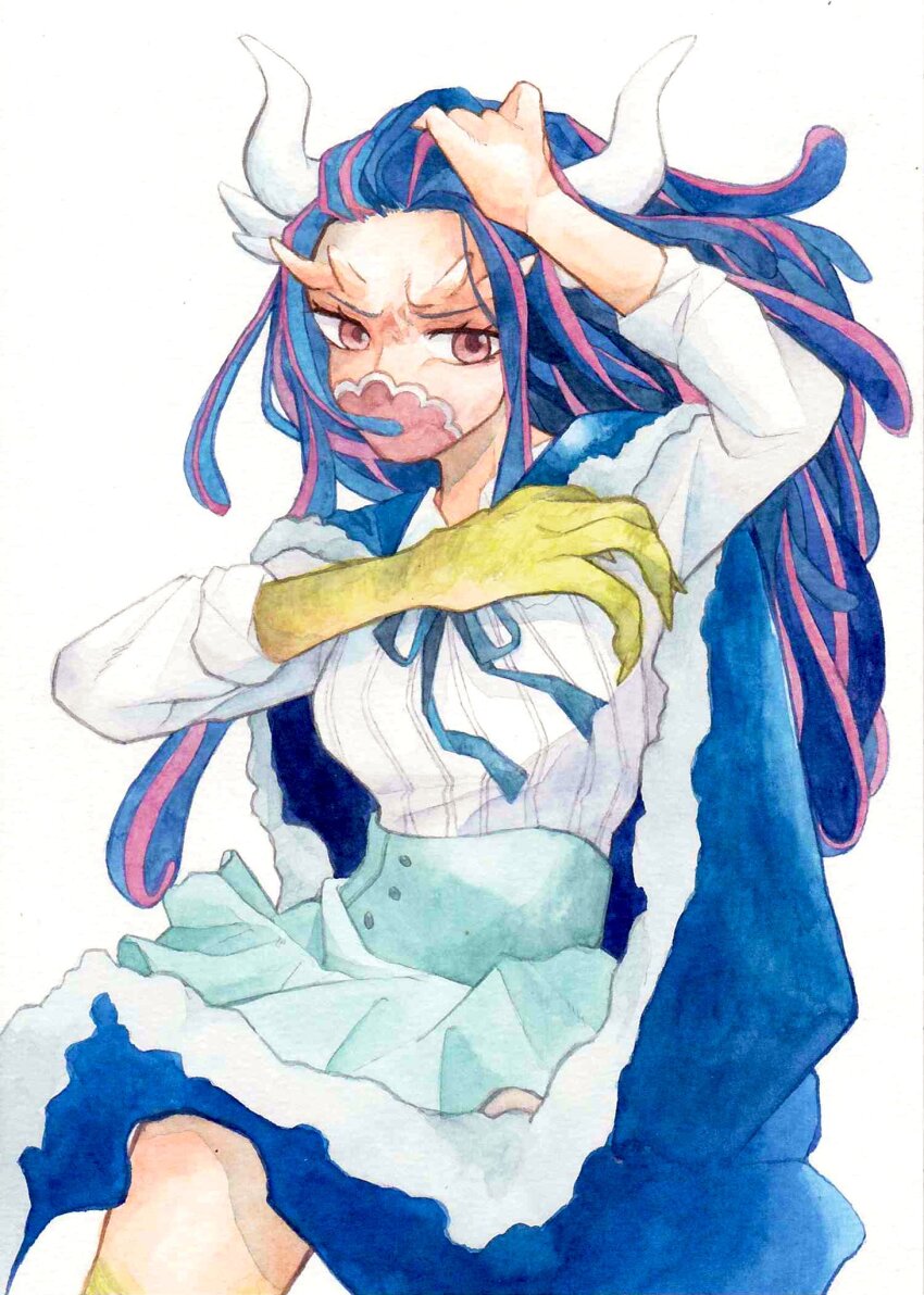1girl alternate_form blue_cape blue_hair blue_skirt cape commentary_request high-waist_skirt highres horns long_hair mask mouth_mask one_piece pink_eyes pink_hair shirt simple_background sinoda_maru7326 skirt solo striped_clothes striped_shirt ulti_(one_piece) vertical-striped_clothes vertical-striped_shirt white_background white_horns white_shirt