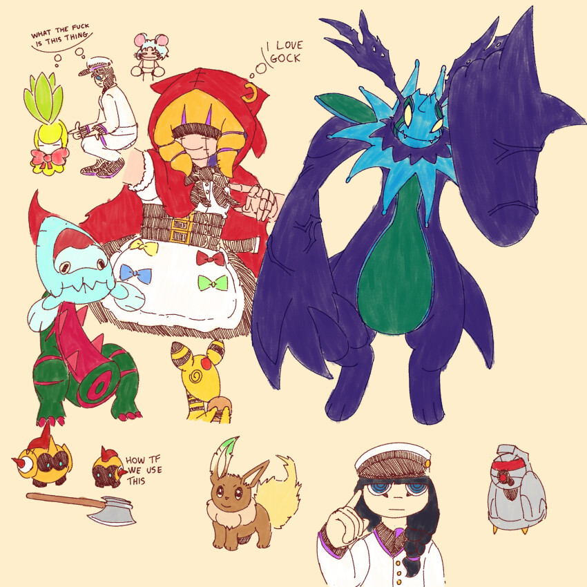 ampharos beldum blonde_hair chaperomon character_request cherubimon cherubimon_(vice) digimon digimon_(creature) dracovish eevee falinks gen_1_pokemon gen_2_pokemon gen_3_pokemon gen_8_pokemon hood nintendo original pokemon smile