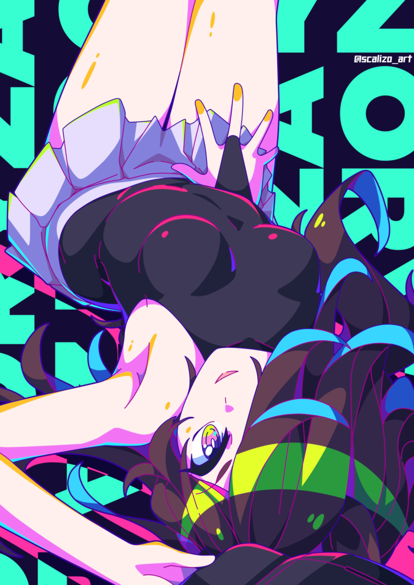 1girl black_hat black_shirt boc&#039;z_(umamusume) breasts brown_hair feet_out_of_frame hair_over_one_eye hat highres holding holding_unworn_clothes holding_unworn_hat impossible_clothes long_hair looking_at_viewer lying miniskirt on_back parted_lips rice_shower_(boc&#039;z)_(umamusume) rice_shower_(umamusume) scalizo shirt single_sleeve skirt small_breasts smile solo twitter_username umamusume unworn_hat unworn_headwear white_skirt yellow_nails
