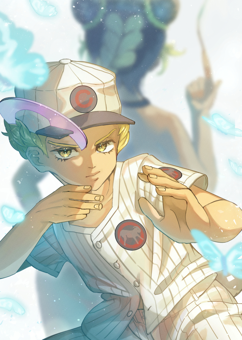 1boy 1girl absurdres backless_outfit baseball_cap baseball_uniform belt blonde_hair blue_butterfly blurry blurry_background braid bug butterfly cd child closed_mouth commentary depth_of_field double_bun emporio_alnino facing_away fighting_stance fingernails foreshortening green_hair hair_bun hand_on_own_hip hat highres index_finger_raised insect jojo_no_kimyou_na_bouken kotatsukarakita kuujou_jolyne pants partially_unbuttoned shirt solo_focus sportswear stone_ocean string untucked_shirt white_background white_belt white_pants white_shirt yellow_eyes