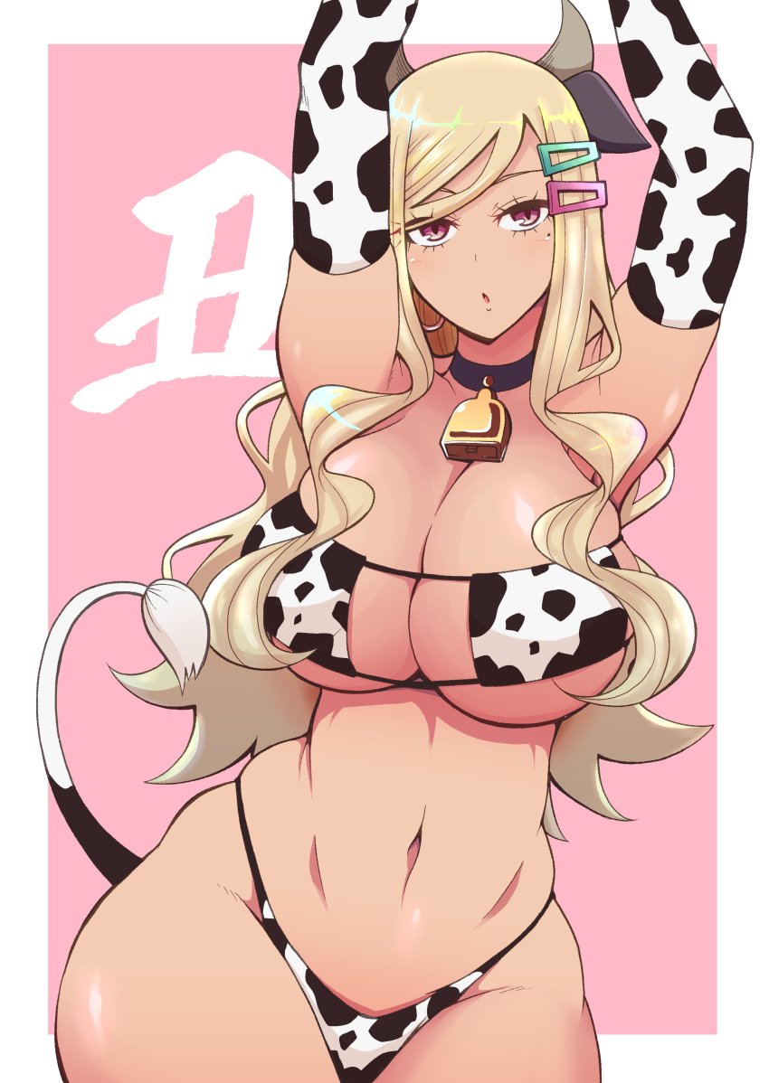 1girl absurdres animal_ears animal_print armpit_peek arms_up bell bikini blonde_hair border breasts chinese_zodiac choker cleavage cow_ears cow_print cow_tail cowbell cowboy_shot curvy dark-skinned_female dark_skin earrings elbow_gloves gloves groin gyaru hair_ornament hairclip highleg highleg_bikini highres hoop_earrings huge_breasts jewelry kogal kurokiya_ruu light_blush long_hair looking_up navel neck_bell original pink_eyes pororokka_(macareo) skindentation solo stomach swimsuit tail tan tedama_ni_toritai_kurokiya-san very_long_hair wavy_hair white_border wide_hips year_of_the_ox
