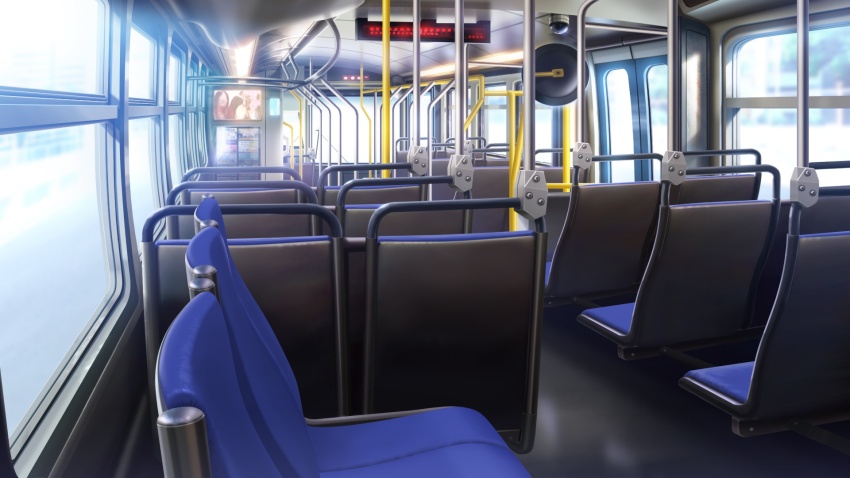 aisle blurry blurry_background bus bus_interior car_seat column day handrail highres motion_blur motor_vehicle no_humans non-web_source official_art our_life our_life:_beginnings_and_always pillar poster_(object) scenery sidewalk sign tree variant_set window window_light