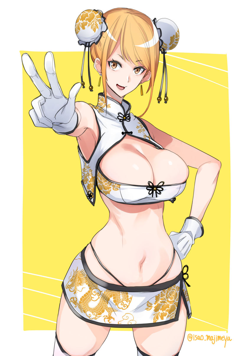 1girl :d absurdres armpits bare_shoulders black_panties blonde_hair chinese_clothes double_bun dragon_print earrings female_focus gloves hair_bun hand_on_own_hip highres isao jewelry looking_at_viewer navel open_mouth original panties shrug_(clothing) skirt sleeveless smile solo strapless thighhighs tube_top underwear v white_gloves white_thighhighs yellow_eyes