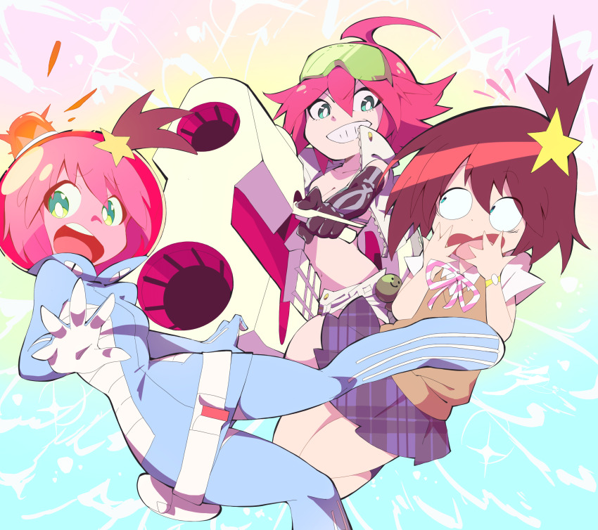 3girls absurdres aetherion aqua_eyes breasts brown_hair fictional_persona green_eyes highres luluco multiple_girls red_hair spacesuit thick_thighs thighs trigger-chan uchuu_patrol_luluco wide_hips