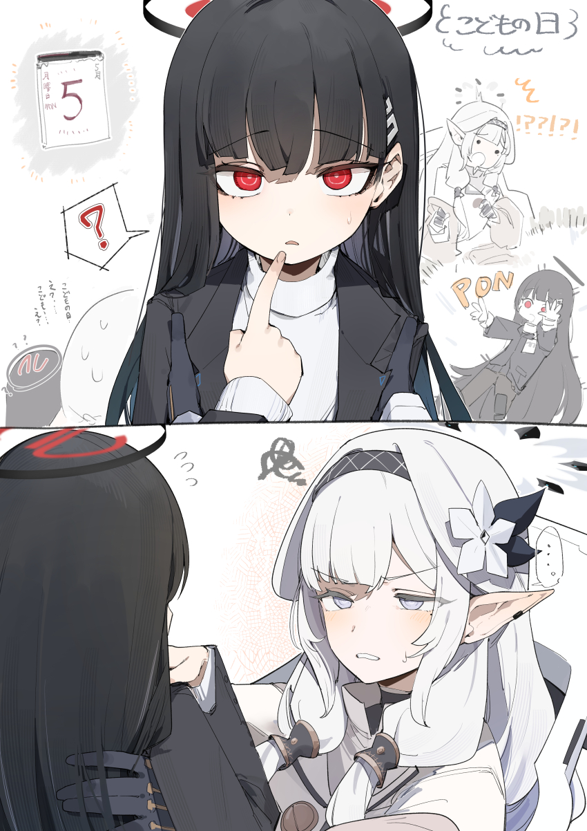1girl absurdres black_hair blue_archive blush breasts bright_pupils flower hair_ornament hairband hairclip halo highres himari_(blue_archive) large_breasts long_hair maton_3110 mole mole_under_eye pointy_ears purple_eyes red_eyes rio_(blue_archive) sweater turtleneck very_long_hair white_pupils