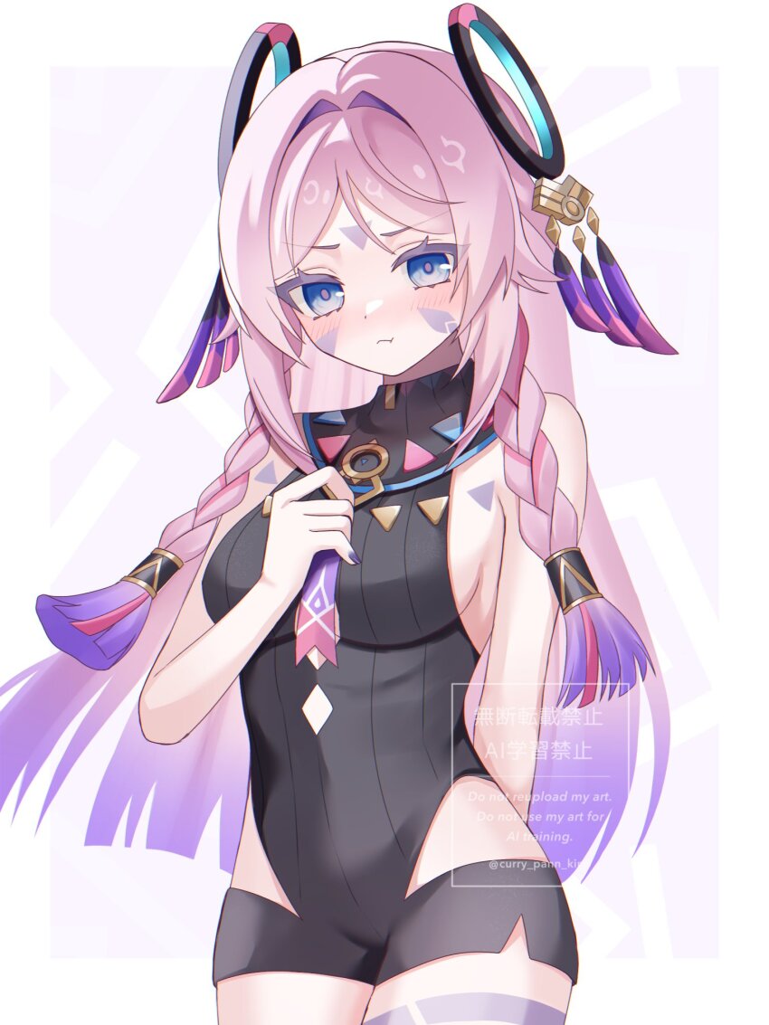 1girl :t arm_behind_back bare_shoulders black_leotard blue_eyes blush braid breasts citlali_(genshin_impact) closed_mouth cowboy_shot facial_mark fingernails floating_headgear forehead_mark genshin_impact gradient_hair hand_up headgear heattech_leotard highres kino_(curry_pan) leotard long_hair looking_at_viewer medium_breasts multicolored_hair nail_polish pink_hair pink_pupils purple_hair purple_nails sideboob solo triangle triangle_facial_mark turtleneck twin_braids very_long_hair white_background