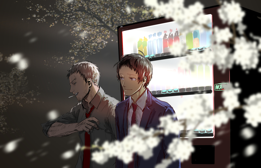 2boys adachi_tooru arm_up black_jacket blurry blurry_foreground brown_hair cigarette closed_eyes doujima_ryoutarou falling_petals flower grey_shirt grey_sky highres jacket looking_at_another male_focus morrisuit multiple_boys necktie parted_lips persona persona_4 petals red_necktie shirt short_hair sky sleeves_rolled_up smile smoking teeth upper_teeth_only vending_machine white_flower white_shirt