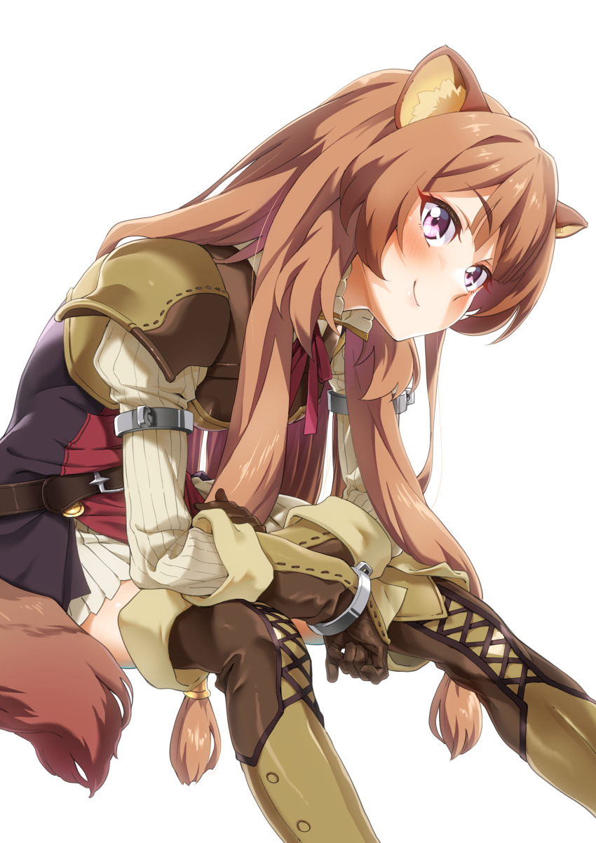 1girl absurdres animal_ear_fluff animal_ears armor armored_boots armored_gloves belt black_dress blunt_bangs blush boots breastplate breasts brown_belt brown_boots brown_gloves brown_hair closed_mouth collared_dress commentary_request cowboy_shot double-parted_bangs dress elbow_gloves gloves high_collar highres layered_dress leaning_forward leather leather_armor leather_boots long_hair long_sleeves looking_at_viewer metal_arm_cuffs metal_hair_tubes metal_wrist_cuffs neck_ribbon partial_commentary pauldrons pink_eyes pinstripe_dress pinstripe_pattern pp_bj raccoon_ears raccoon_girl raccoon_tail raphtalia red_dress red_ribbon ribbon short_dress shoulder_armor simple_background single_pauldron sitting sleeveless sleeveless_dress small_breasts smile solo straight_hair tail tate_no_yuusha_no_nariagari thigh_boots thighhighs two-tone_dress white_background white_dress zettai_ryouiki
