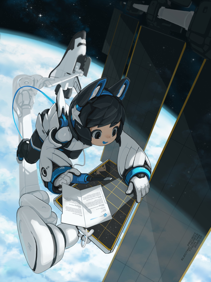 1girl 2020 :d absurdres alice_rosetta android black_eyes black_hair black_leggings blue_tongue chinese_commentary colored_tongue commentary downturned_eyes dress earth_(planet) electric_hearts english_commentary gloves highres incredibly_absurdres joints krita_(medium) leaning_forward leggings long_sleeves maintenance mechanical_arms mechanical_ears mechanical_legs open_mouth original planet reflection robot robot_ears robot_girl robot_joints screwdriver short_hair signature smile solar_panel space space_shuttle space_station spacecraft star_(symbol) teeth tsurime tyson_tan upper_teeth_only white_dress white_gloves zero_gravity