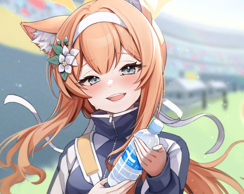 1girl animal_ear_fluff animal_ears blue_archive blue_eyes blurry blurry_background bottle flower hair_flower hair_ornament hairband highres holding holding_bottle jacket long_hair long_sleeves looking_at_viewer mari_(blue_archive) mari_(track)_(blue_archive) official_alternate_costume open_mouth orange_hair shirousagi_una smile solo stadium teeth track_jacket upper_body upper_teeth_only water_bottle white_hairband