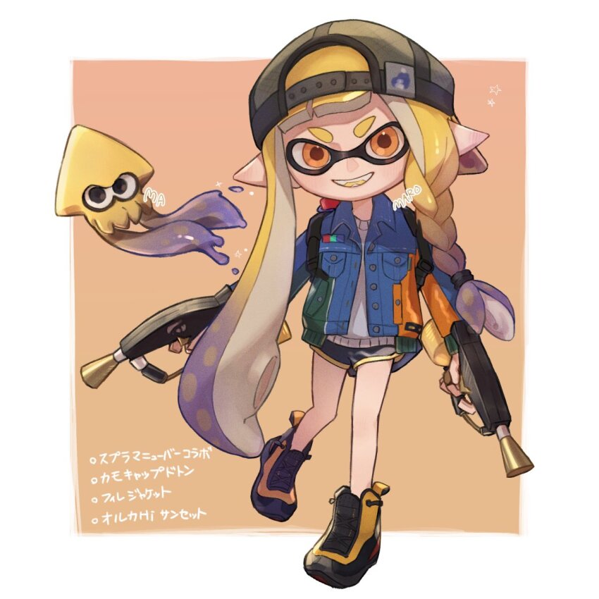 1girl alternate_form asymmetrical_hair backwards_hat baseball_cap black_footwear black_shorts blonde_hair blue_jacket braid buttons colored_tongue commentary denim denim_jacket dolphin_shorts double-breasted dual_wielding fangs full_body gradient_hair green_hat hair_tie hat highres holding holding_weapon ink_tank_(splatoon) inkling inkling_(swim_form) inkling_girl inkling_player_character jacket light_blush long_hair long_sleeves looking_at_viewer maroooooow multicolored_hair multicolored_jacket nintendo open_clothes open_jacket open_mouth orange_eyes pointy_ears purple_hair shirt shorts single_braid smile splat_dualies_(splatoon) splatoon_(series) splatoon_3 squid standing standing_on_one_leg suction_cups symbol-only_commentary tentacle_hair thick_eyebrows translation_request two-tone_hair weapon white_shirt yellow_tongue yellow_trim
