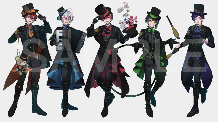 5boys :d ;d accordion ahoge ascot black_bow black_bowtie black_capelet black_coat black_footwear black_gloves black_hat black_pants black_vest blue_bow blue_bowtie blue_eyes boots bow bowtie braid brown_hair buttons capelet card center-flap_bangs center_frills closed_mouth coat coe._(starlight_polaris) collared_shirt control_bar crossed_bangs diagonal_bangs double-breasted earrings facial_mark flower fold-over_boots frilled_shirt_collar frills from_hat_trick full_body gloves green_bow green_bowtie green_eyes green_hair grey_shirt hair_flower hair_ornament half_gloves hat hat_bow hat_flower hat_tip highres holding holding_hoop holding_instrument holding_unworn_clothes holding_unworn_hat hoop hula_hoop index_finger_raised instrument jewelry juggling juggling_club kisaragi_you_(starlight_polaris) knee_boots kottaro_(starlight_polaris) kuni_(starlight_polaris) lapels lineup long_sleeves looking_at_viewer male_focus mini_hat mini_top_hat multicolored_hair multiple_boys necktie notched_lapels official_art one_eye_closed open_clothes open_coat open_mouth orange_necktie pants parted_lips playing_card puppet puppet_strings purple_ascot purple_eyes purple_hair red_ascot red_bow red_bowtie red_hair relu_(starlight_polaris) sample_watermark shawl_lapels shirt short_hair side_braid side_cape simple_background smile standing star_(symbol) star_print starlight_polaris streaked_hair stuffed_animal stuffed_rabbit stuffed_toy tailcoat teddy_bear teito_(0w0kuma) thighlet tilted_headwear top_hat two-sided_coat two-sided_fabric two-tone_bow two-tone_bowtie unworn_hat unworn_headwear vest watermark white_background white_shirt yellow_eyes